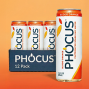 PHOCUS blood orange 12pack  caffeinated sparkling water cans on an orange background