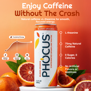 A can of PHOCUS Blood Orange caffeinated sparkling water centered on an orange-to-red gradient background with blood orange slices and leaves. Text reads 'Enjoy Caffeine Without The Crash' and lists benefits like L-theanine, 75mg natural caffeine, 0 sugar, 0 calories, and no artificial flavors or additives.