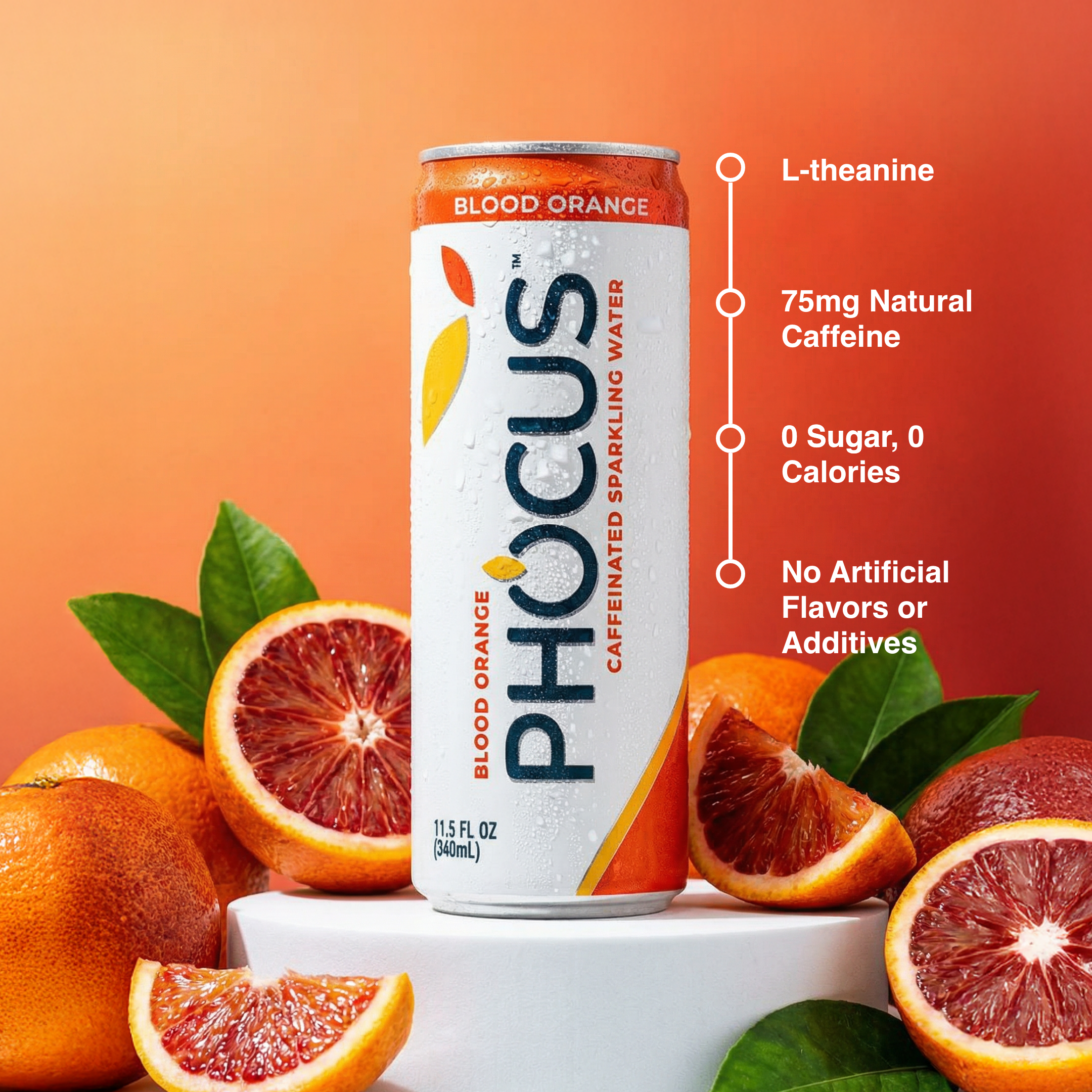 Can of FOCUS Blood Orange sparkling water with blood oranges and leaves on an orange background
