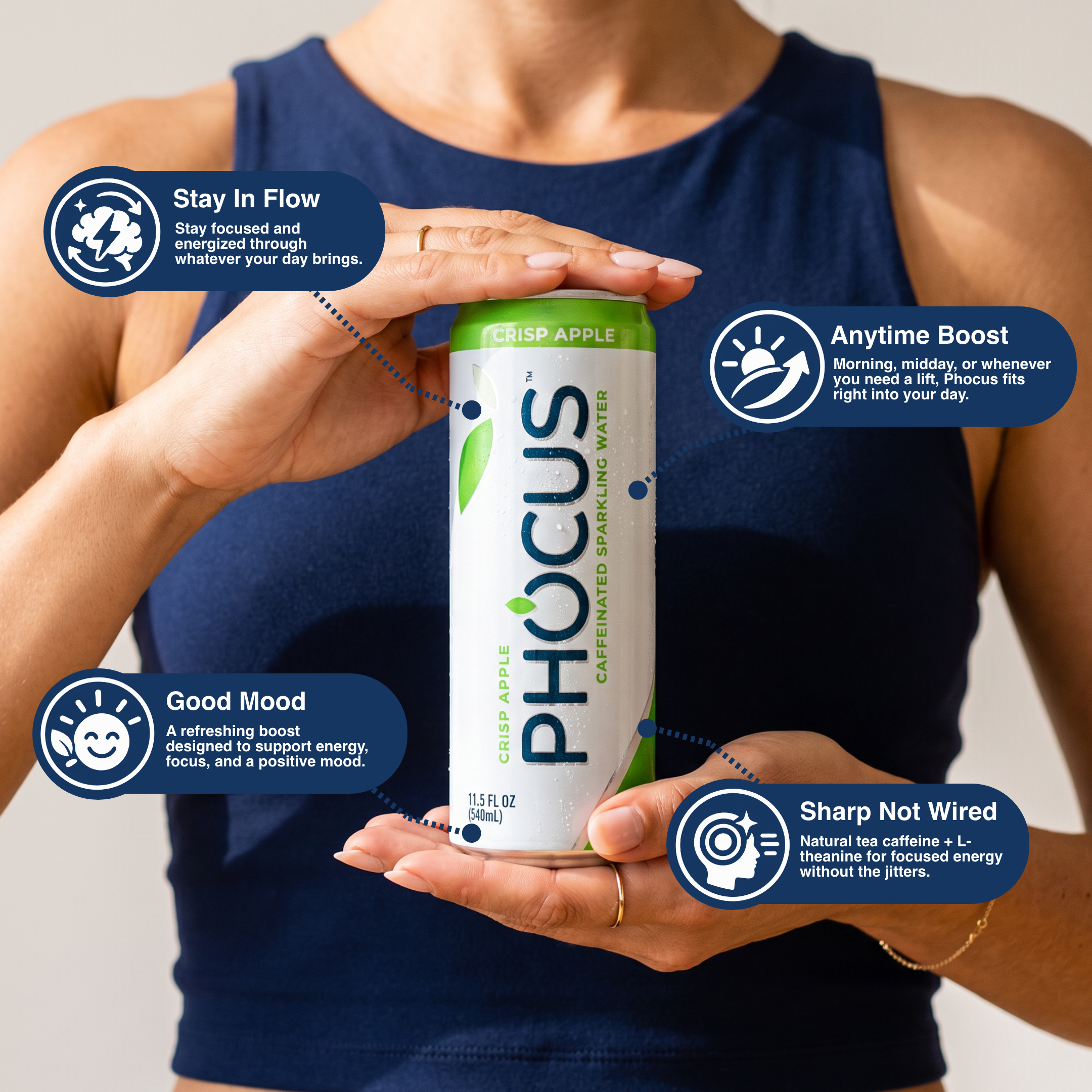A person in a navy sleeveless top holds a can of PHOCUS Super Apple Caffeinated Sparkling Water. The can is white with green accents and the words 'Crisp Apple' and 'Phocus'.