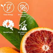 Orange with green leaves and health benefits icons on an orange background