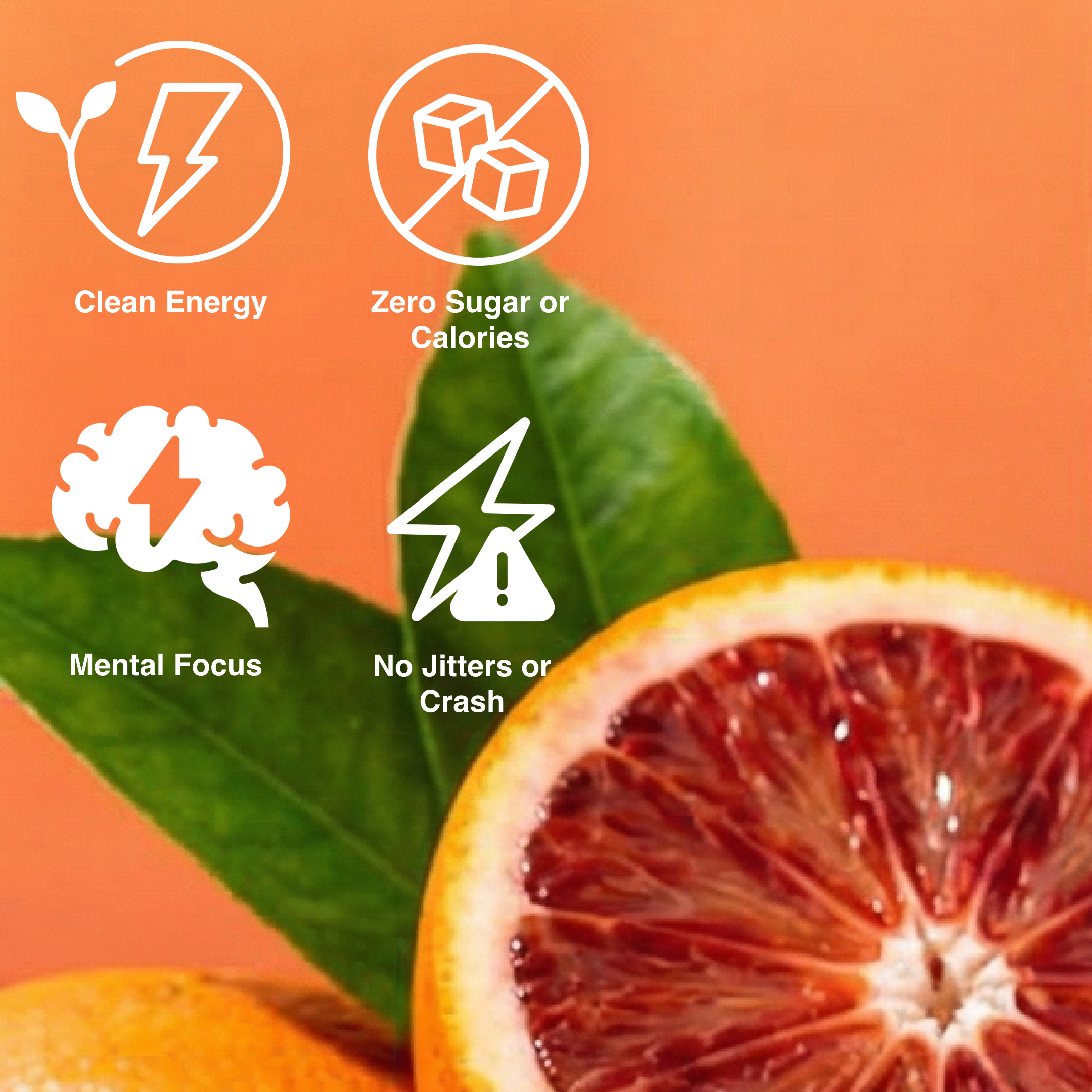 Orange with green leaves and health benefits icons on an orange background