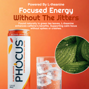 A PHOCUS Blood Orange caffeinated sparkling water can on an orange gradient background, next to a glass of clear iced water and a circular inset showing green tea leaves. Text reads 'Powered By L-theanine' and 'Focused Energy Without The Jitters'.