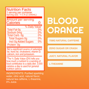 Nutrition facts label and product information for blood orange drink on a yellow background