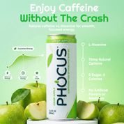 A can of PHOCUS Crisp Apple caffeinated sparkling water is centered on a white pedestal, surrounded by green apples. The background is a light gray with large green and black promotional text about caffeine and L-theanine.