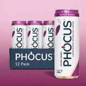 Phocus Mixed Berry 12 pack sparkling water cans and box on a pink background