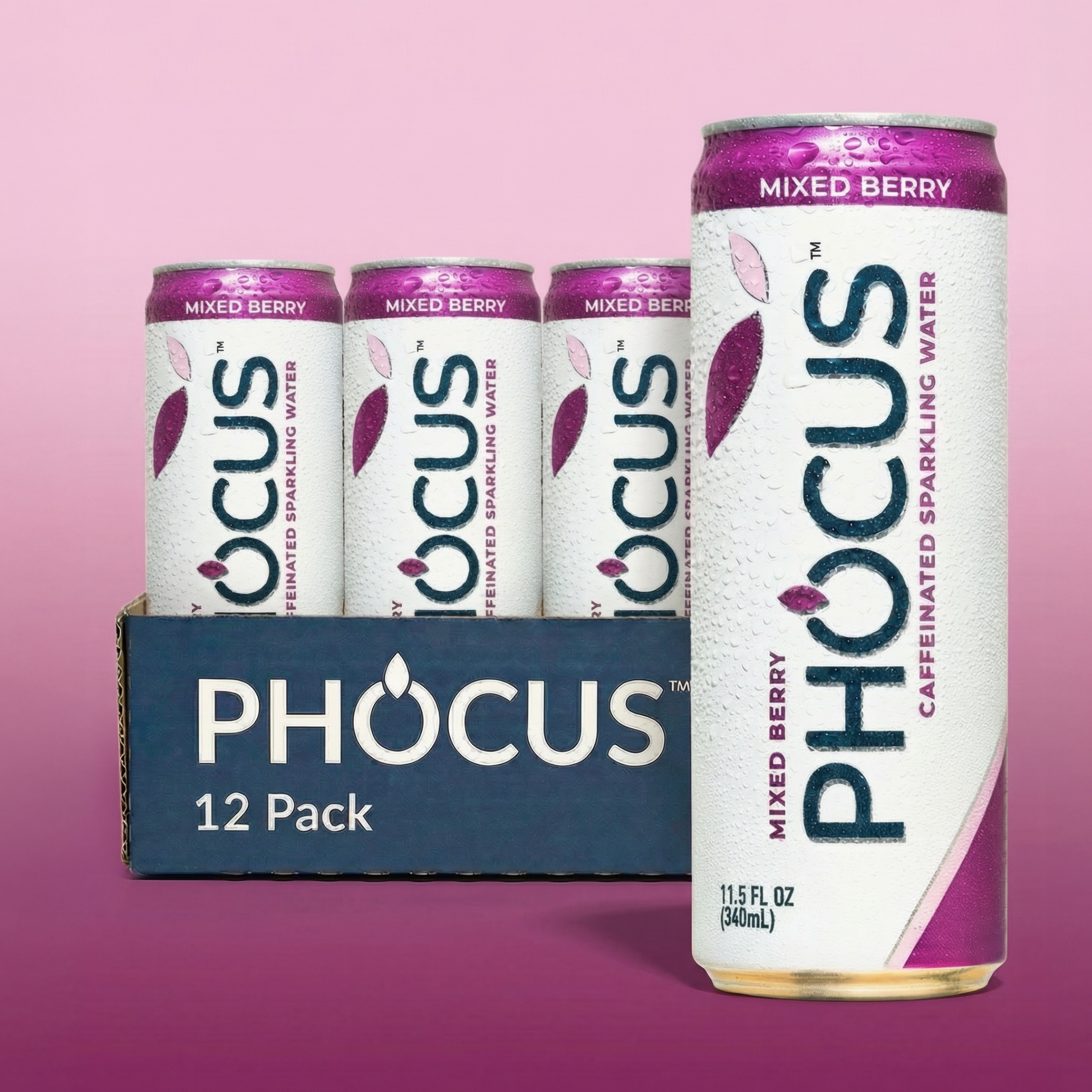 Phocus Mixed Berry 12 pack sparkling water cans and box on a pink background