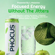 A can of PHOCUS Crisp Apple caffeinated sparkling water is shown on a light green background with a glass of pale green drink, a green apple, and a circular inset of green leaves. Text reads 'Powered By L-theanine' and 'Focused Energy Without The Jitters.