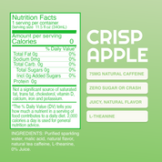 Nutrition facts label and description of crisp apple flavor on a green background