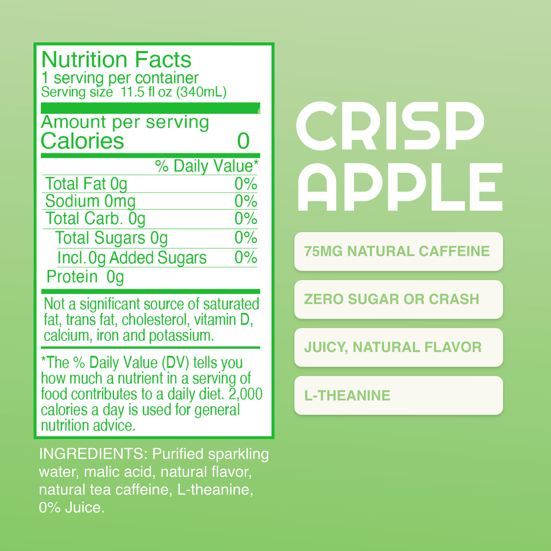 Nutrition facts label and description of crisp apple flavor on a green background
