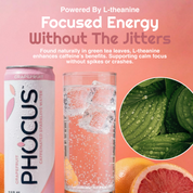 A can of PHOCUS grapefruit sparkling water stands next to a glass of the drink with ice and bubbles, on a peach-pink background with marketing text about L-theanine and a circular inset showing green leaves with water droplets.