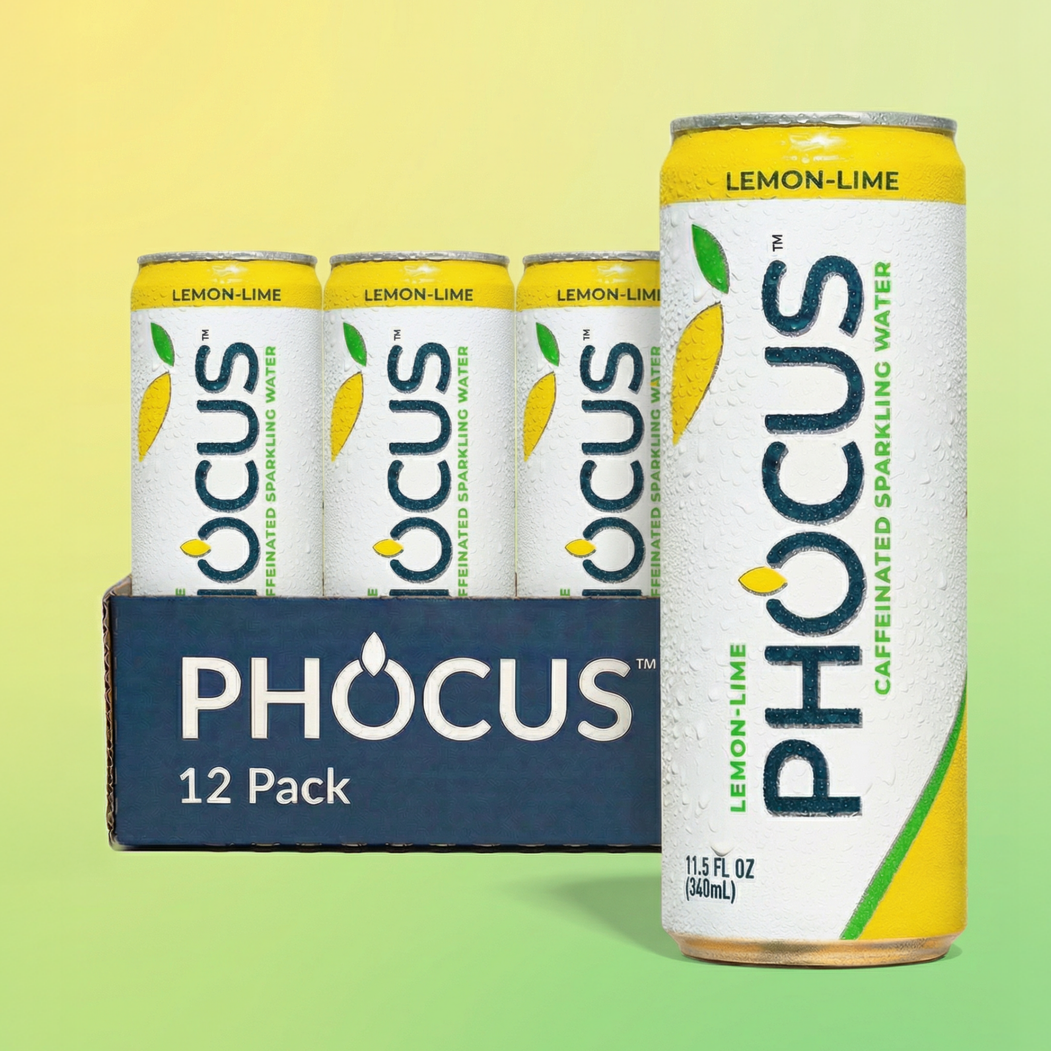 PHOCUS lemon-lime 12 pack caffeinated sparkling water cans on a green background