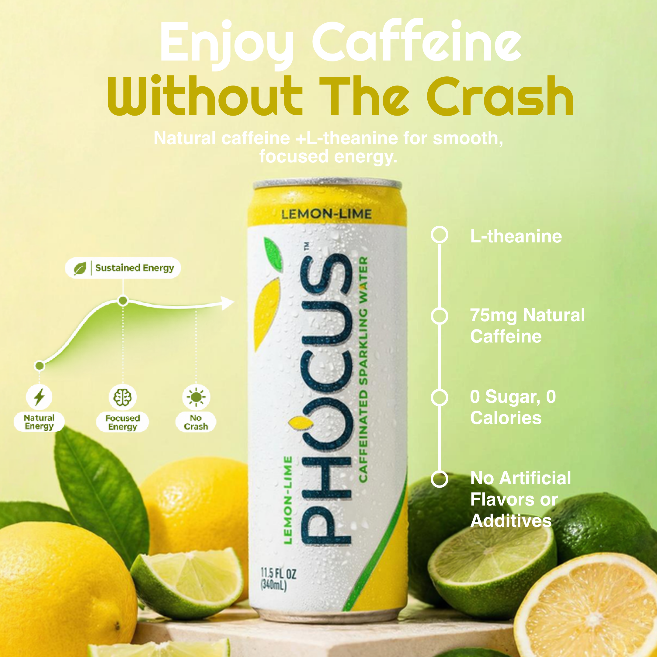A can of PHOCUS Lemon-Lime caffeinated sparkling water centered on a pale green background with lemons and limes around it. Large headline text reads 'Enjoy Caffeine Without The Crash' with supporting claims about L-theanine, caffeine, sugar, and artificial flavors.