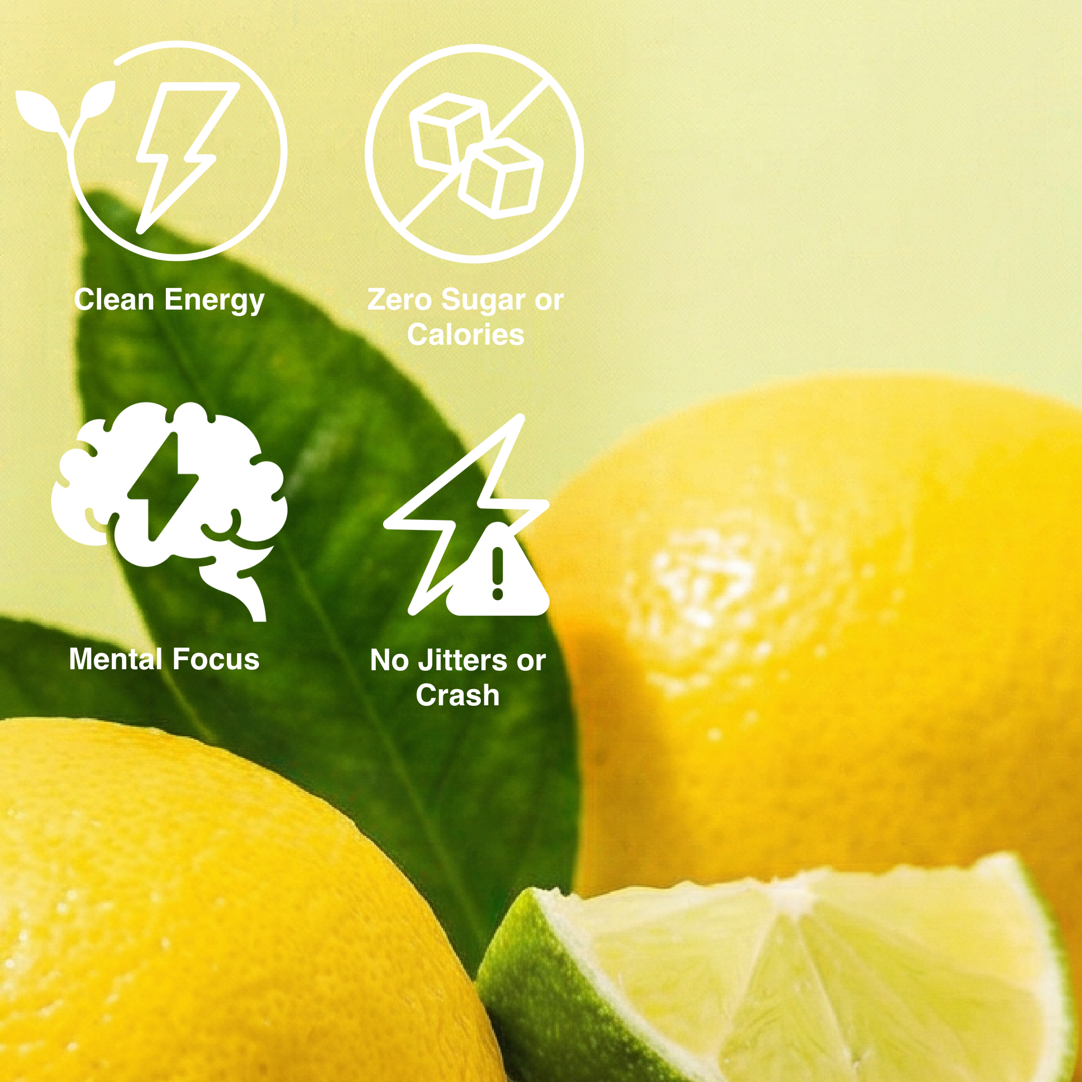 Lemons and a lime with health benefits icons and text on a green background