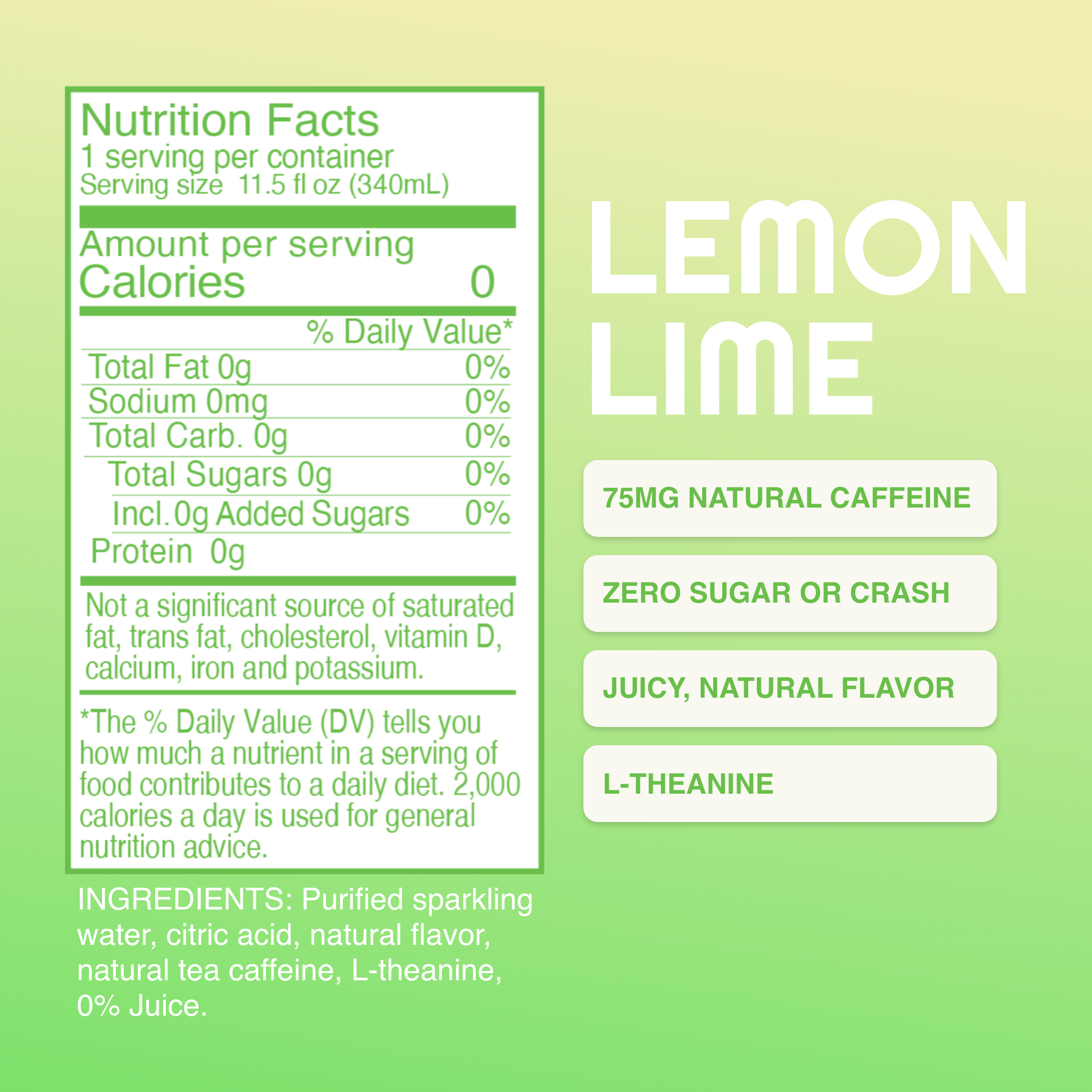 Nutrition facts label for lemon lime flavor on a green background