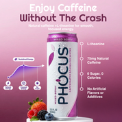 A can of PHOCUS Mixed Berry caffeine sparkling water centered on a pink-to-purple gradient background with marketing text and icons about natural caffeine, L-theanine, sugar, and artificial flavors. The can is white with purple and magenta accents, and fruit illustrations appear at the bottom.
