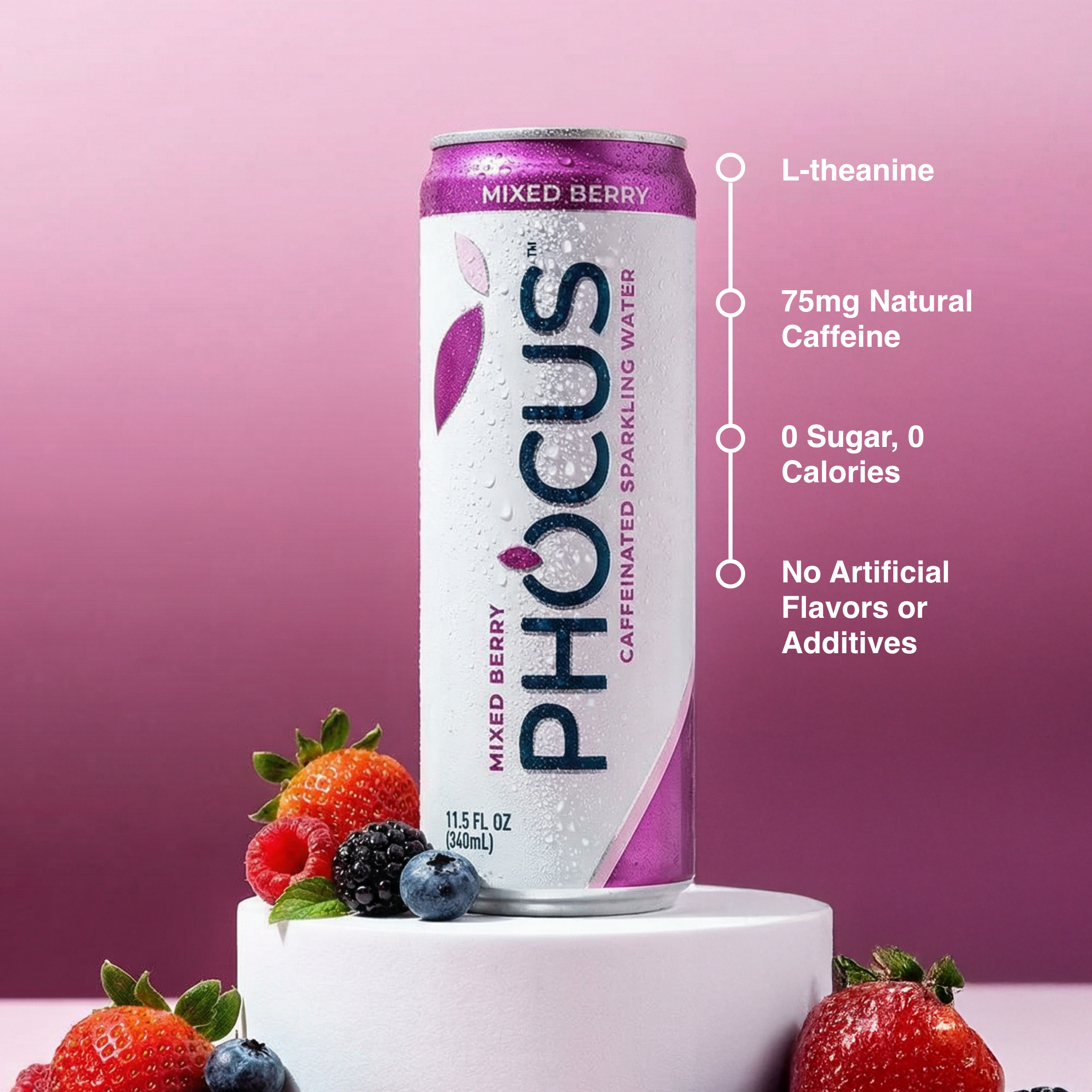 Can of Phocus Mixed Berry sparkling water with ingredients on a pink background