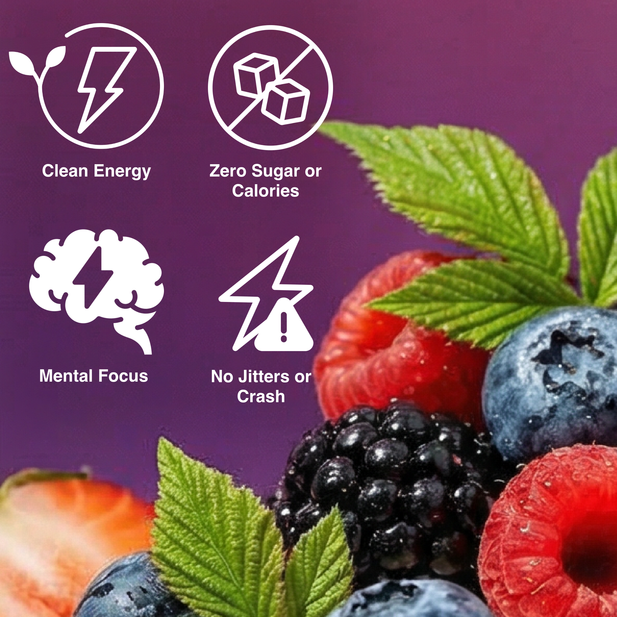 Fruit with health benefits icons and text on a purple background