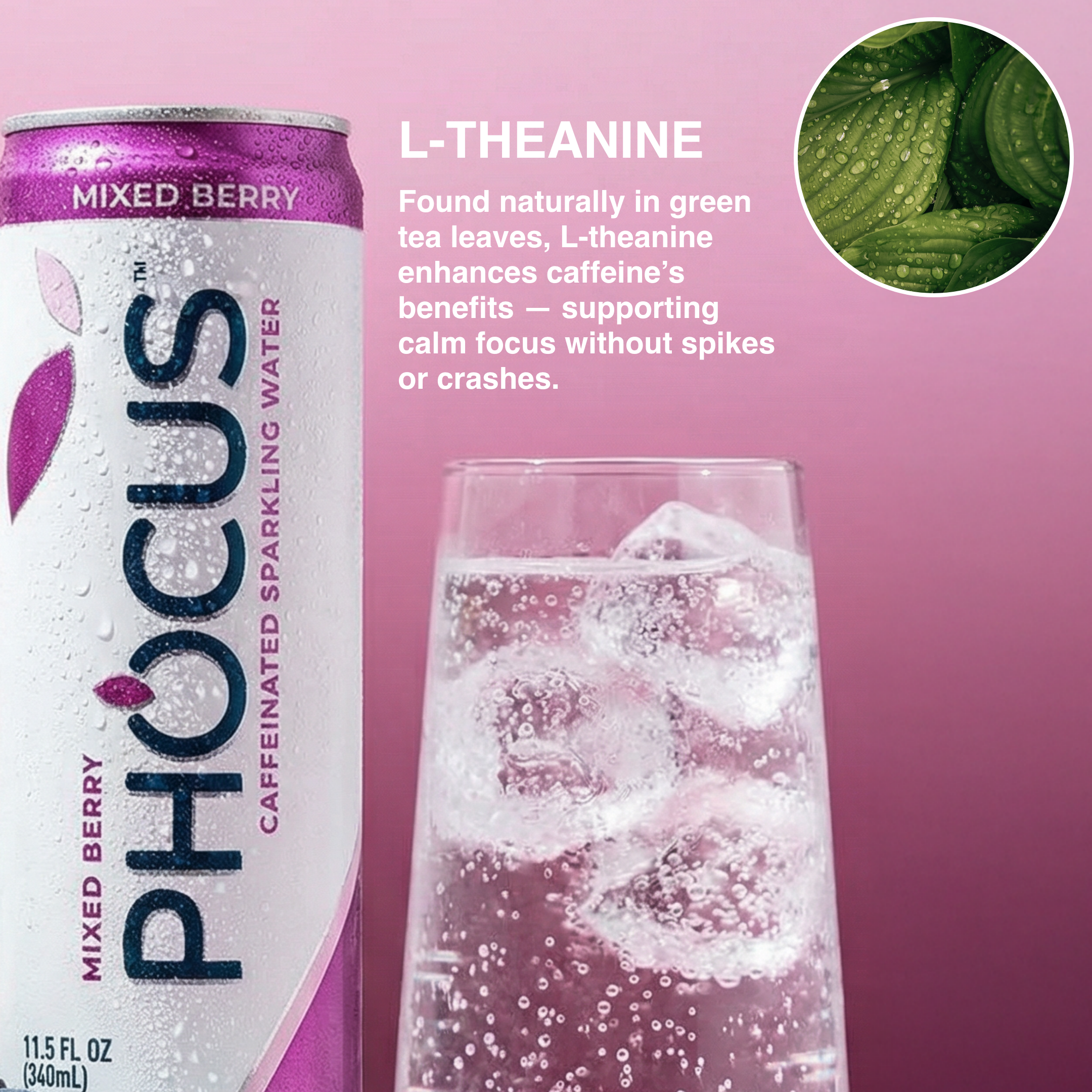 Phocus Mixed Berry can with a glass of sparkling water on a pink background