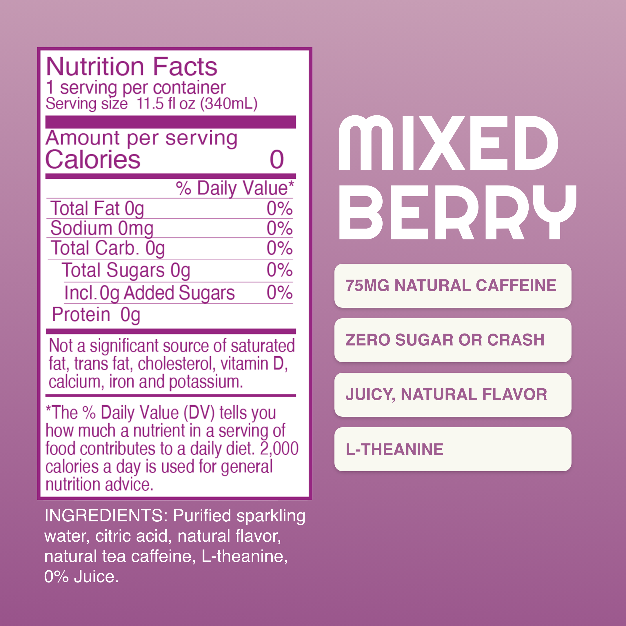Nutrition facts label for a mixed berry drink on a purple background