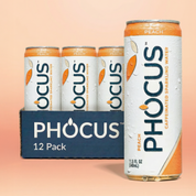 PHOCUS peach 12 pack caffeinated sparkling water can and 12-pack box on a peach background
