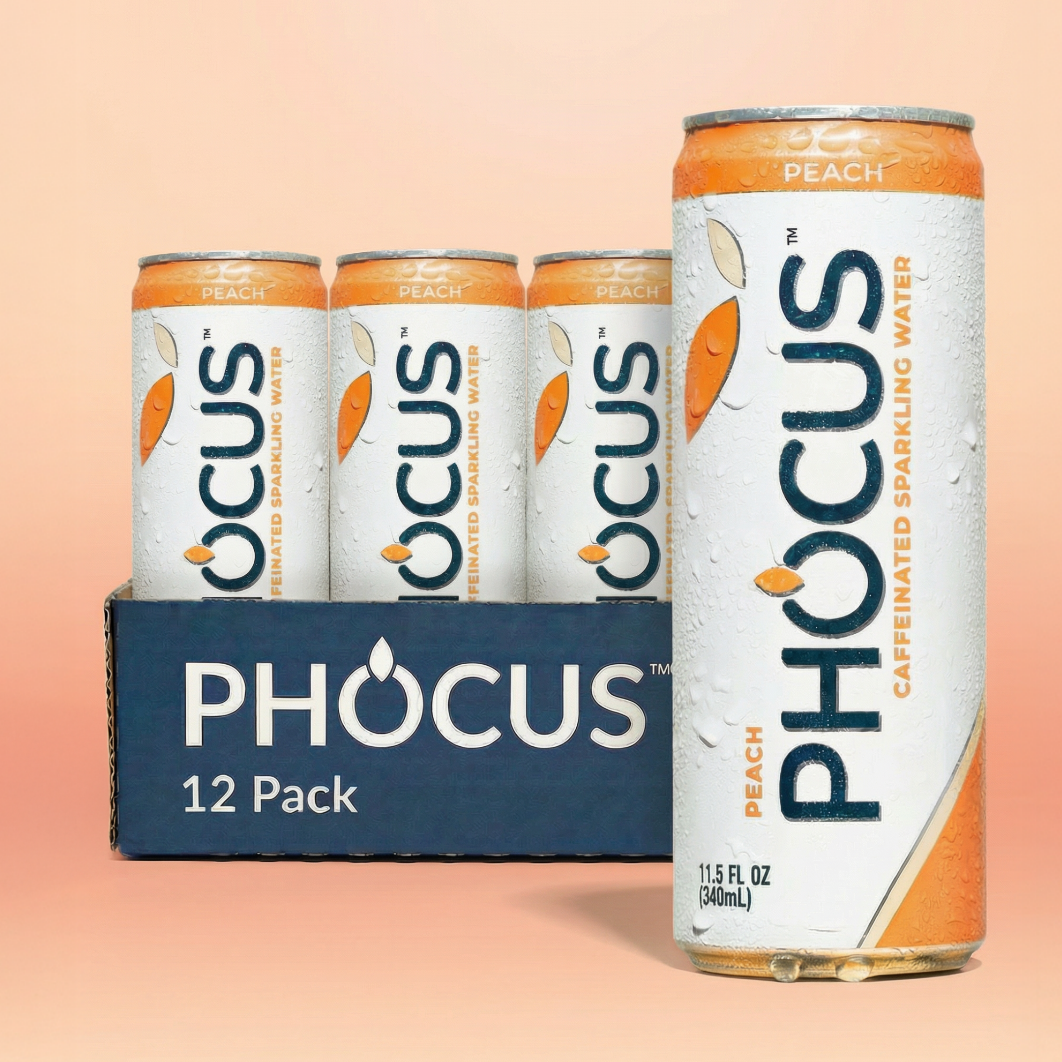 PHOCUS peach 12 pack caffeinated sparkling water can and 12-pack box on a peach background