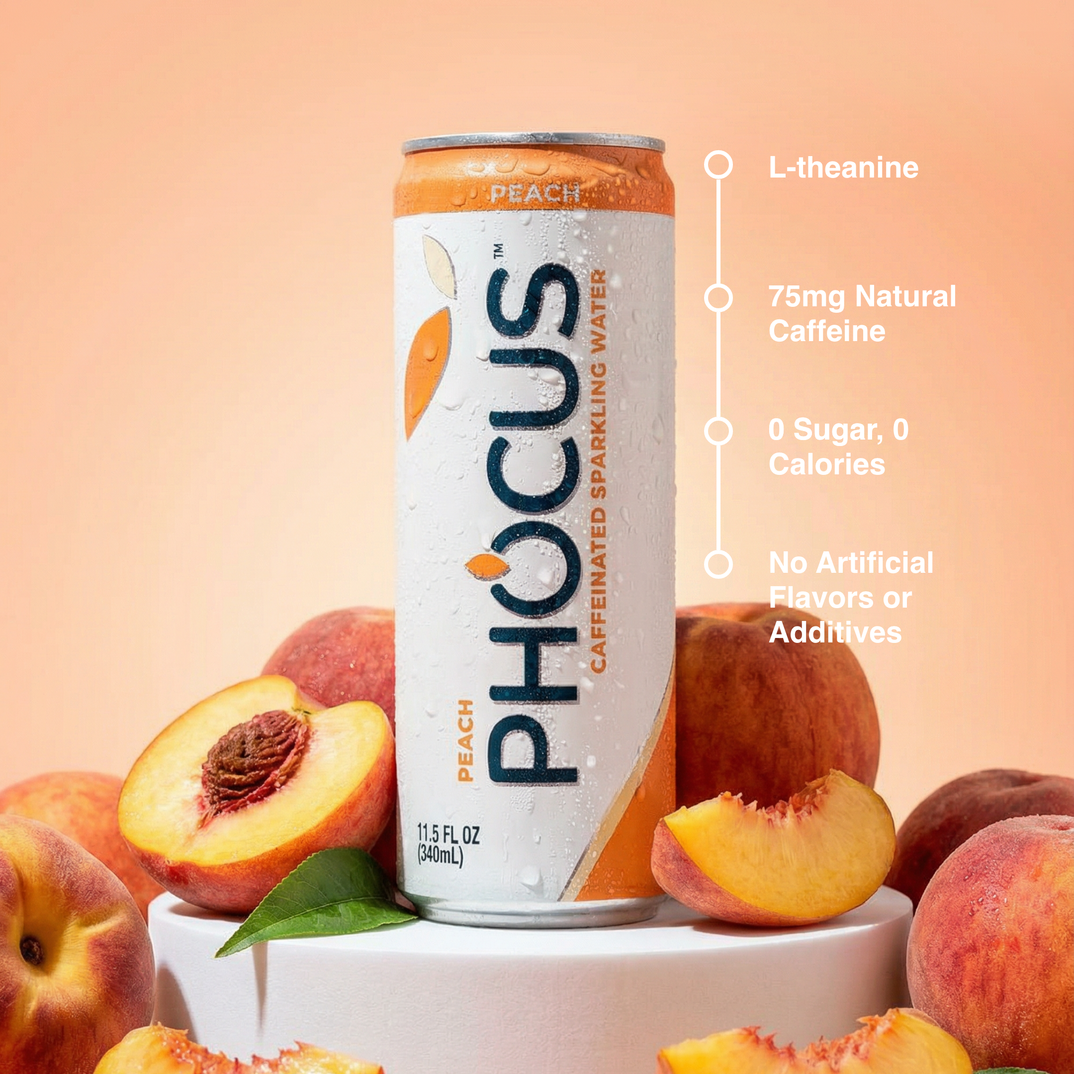 Can of Phocus Peach caffeinated sparkling water with peaches on a peach-colored background
