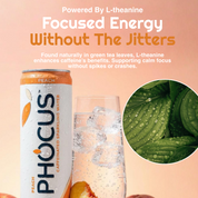 A can of PHOCUS Peach Caffeinated Sparkling Water stands next to a glass of bubbly water with ice, on a peach-colored background with promotional text about L-theanine and green tea leaves.