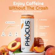 A can of Phocus Peach Caffeinated Sparkling Water centered on a peach-toned promotional graphic. The can is white and orange with large vertical PHOCUS branding.