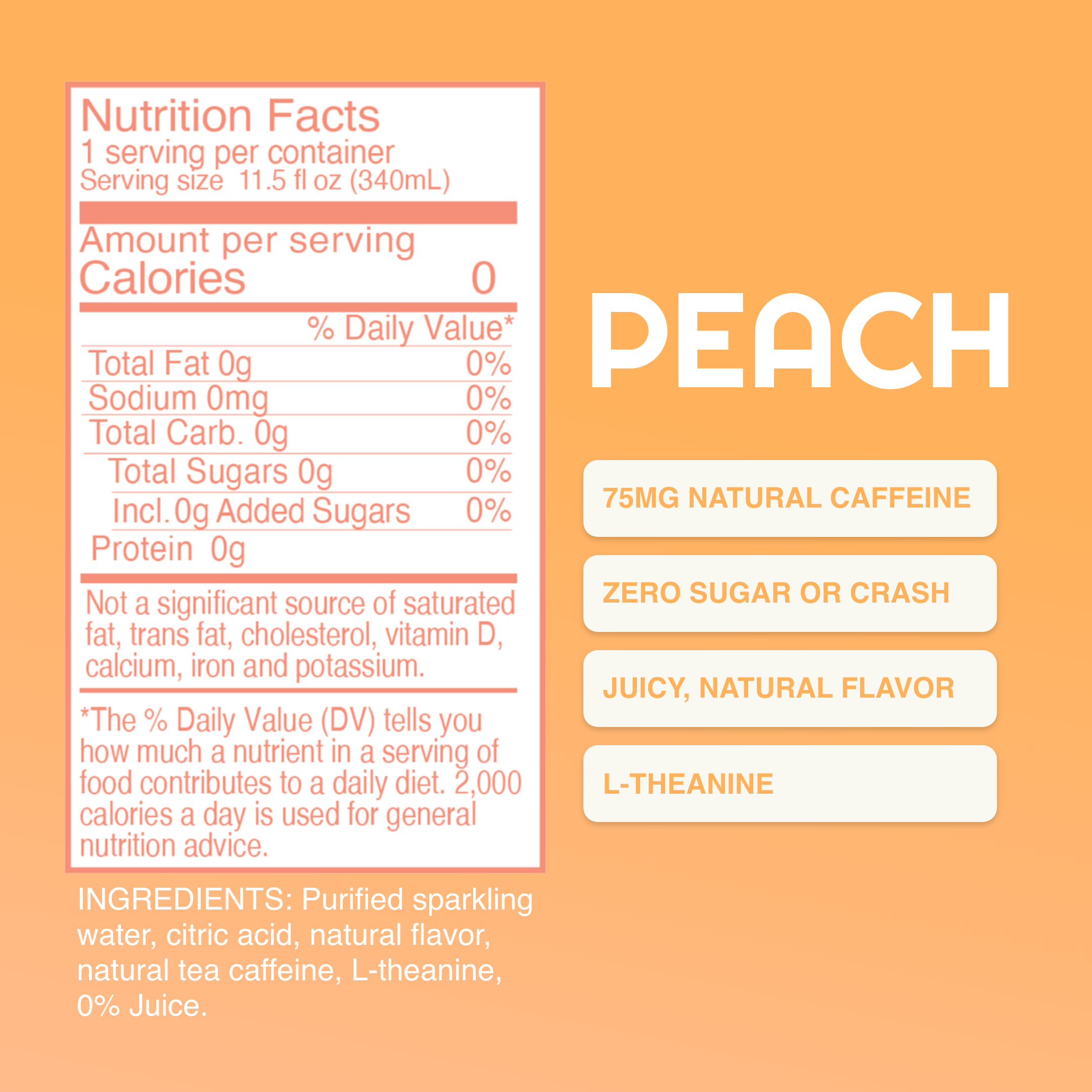 Nutrition facts label and product information for peach-flavored drink on an orange background