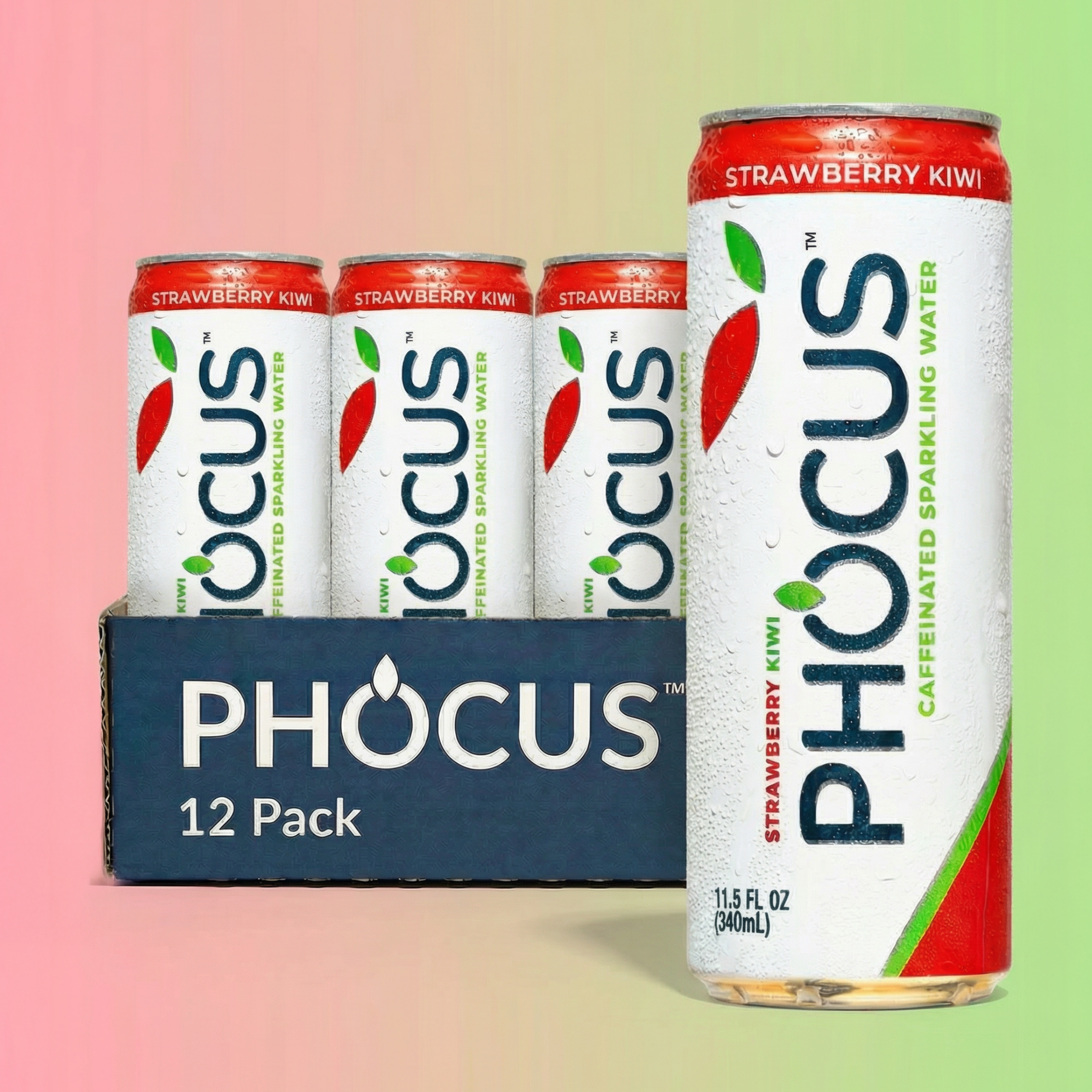 PHOCUS Strawberry Kiwi 12 pack sparkling water cans on a colorful background