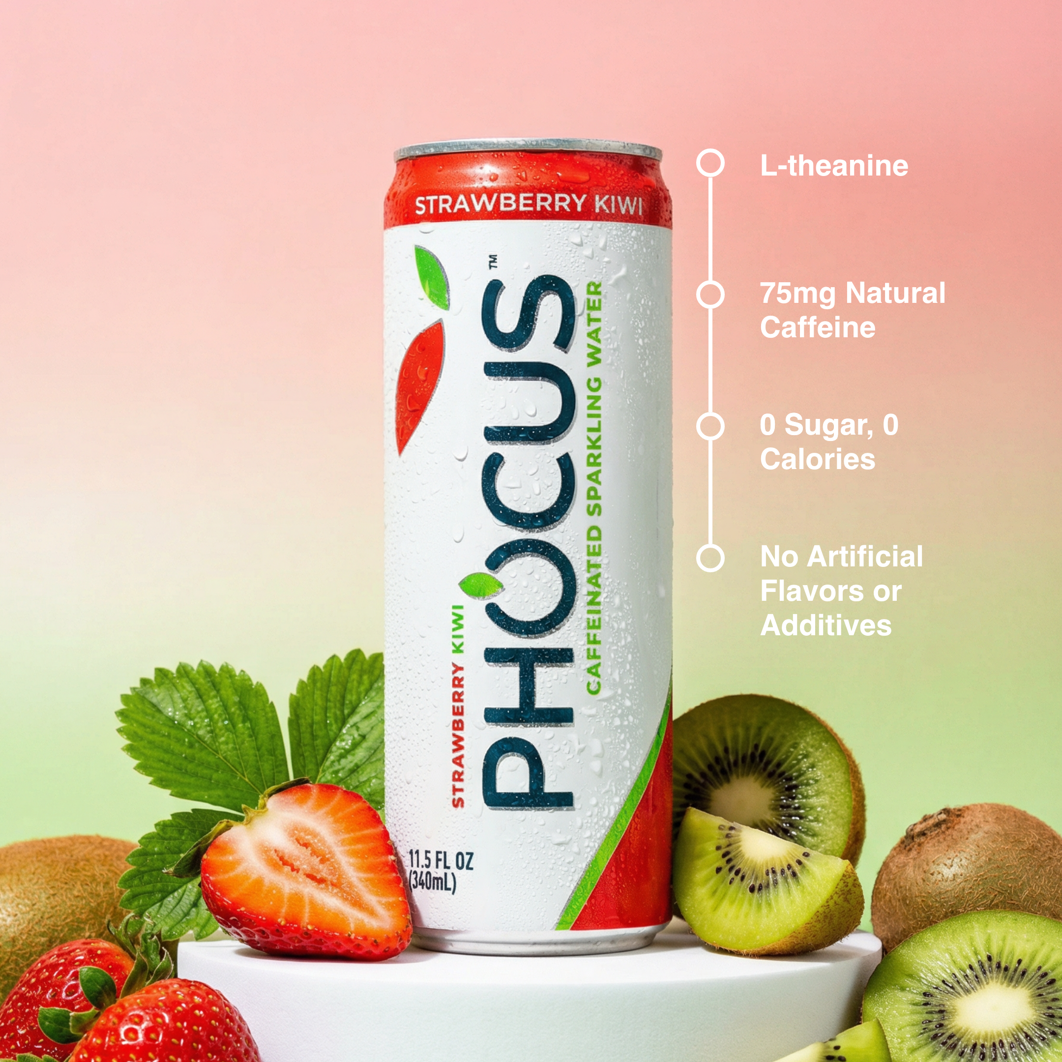 PHOCUS Strawberry Kiwi can with strawberries and kiwis on a gradient background