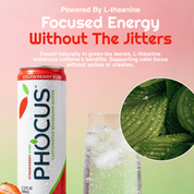 A promotional product graphic for a PHOCUS Sparkling Water can in Strawberry Kiwi flavor. The white and red can is shown next to a glass of carbonated sparkling water and a circular inset of kiwi slices.