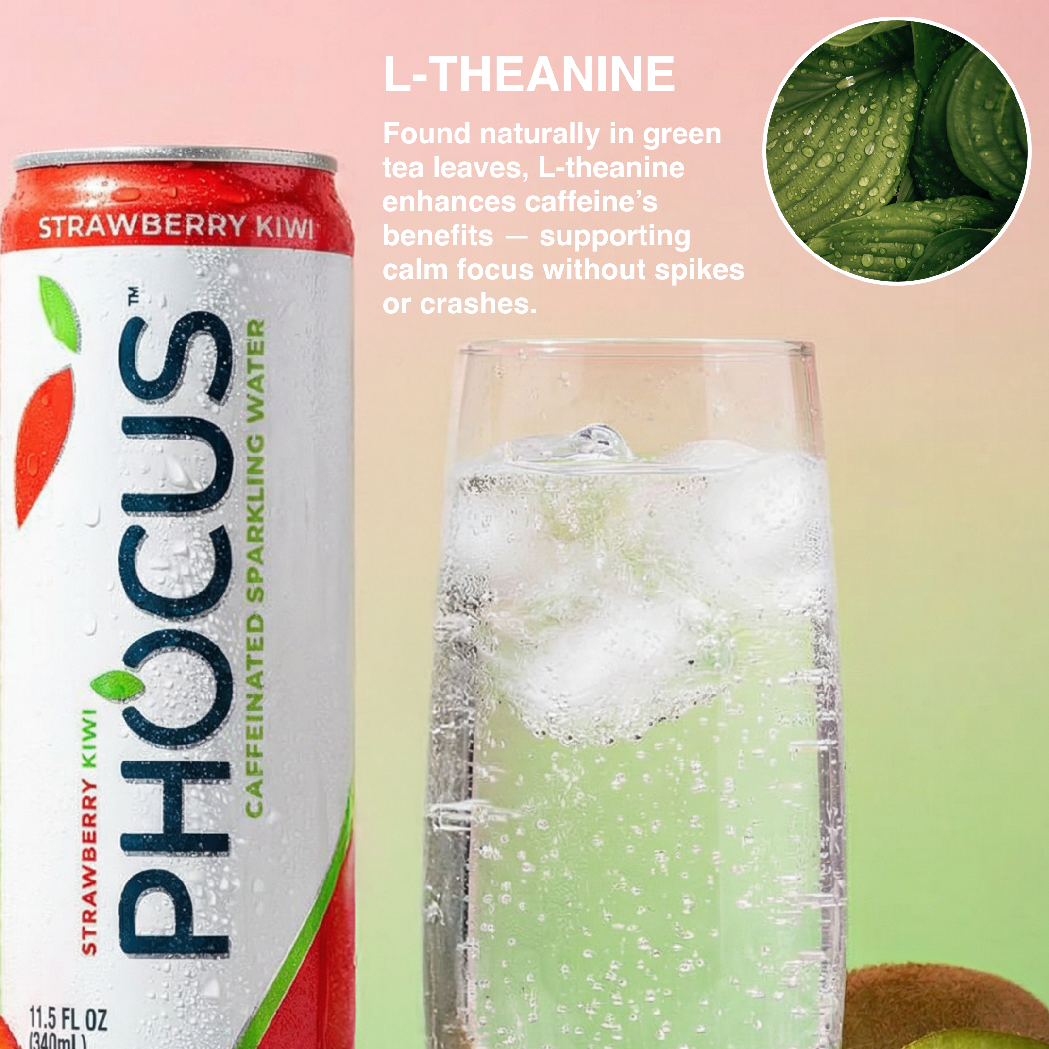 Fokus Strawberry Kiwi sparkling water can with a glass of the drink on a pink background.