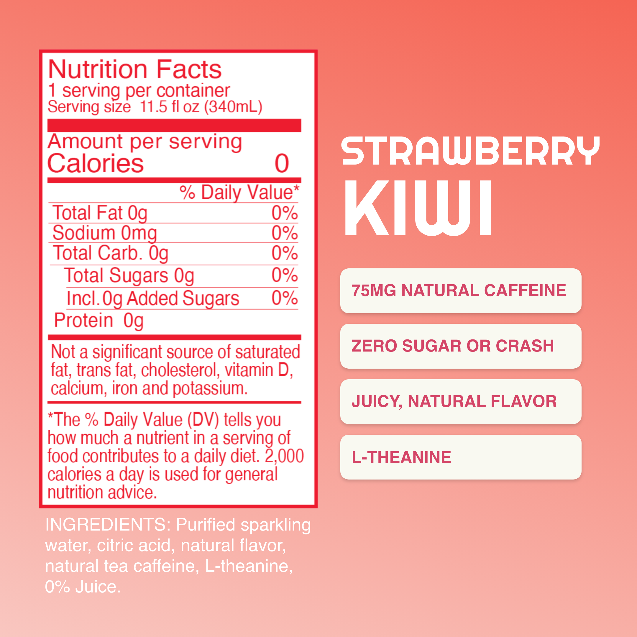 Nutrition facts label for a strawberry kiwi drink on a pink background